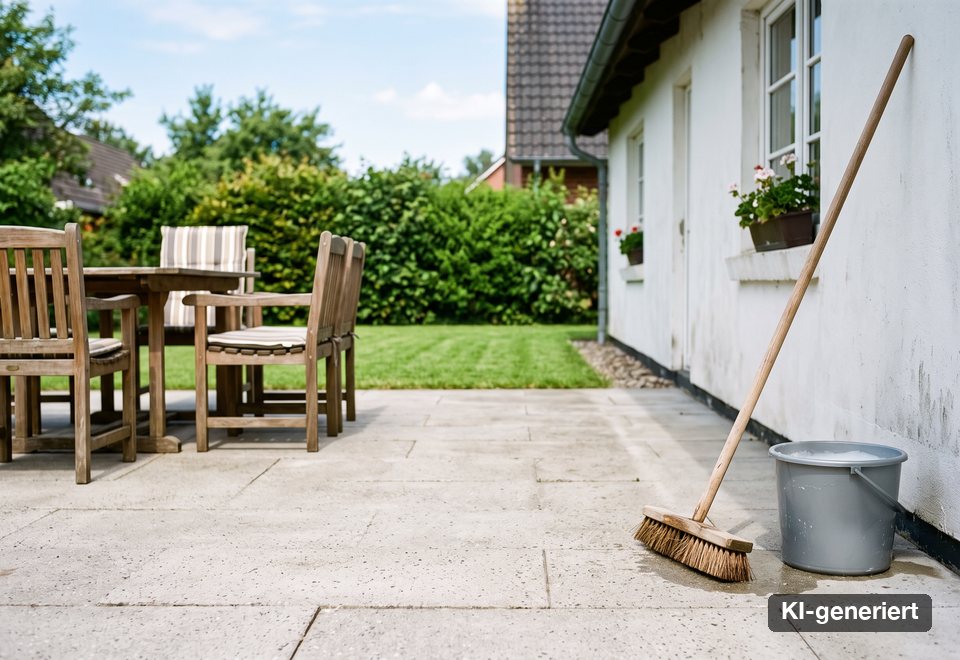 KI-generiertes Bild: gereinigte Terrasse mit Schrubber und Eimer an einem Wohnhaus